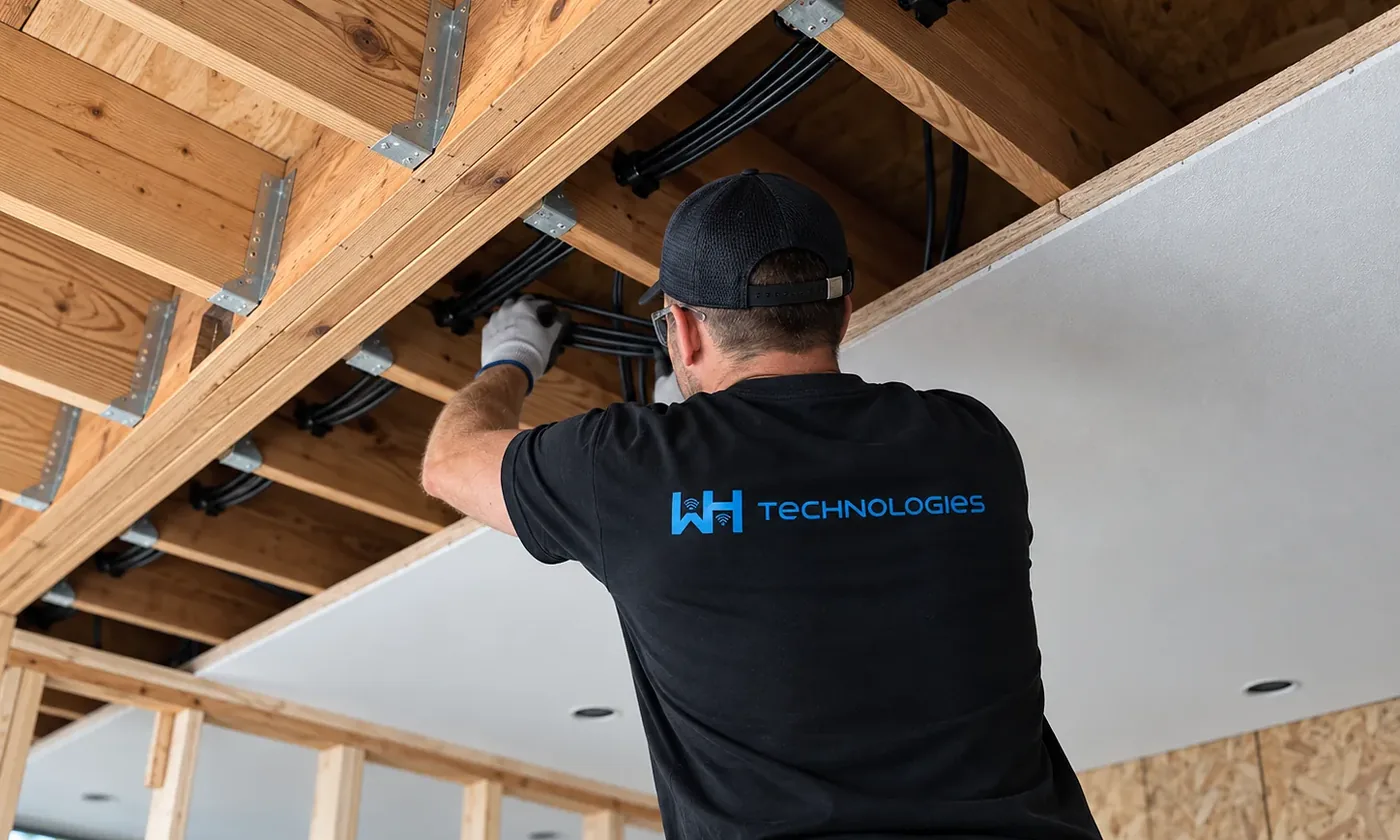 WH Technologies technician working in an open ceiling