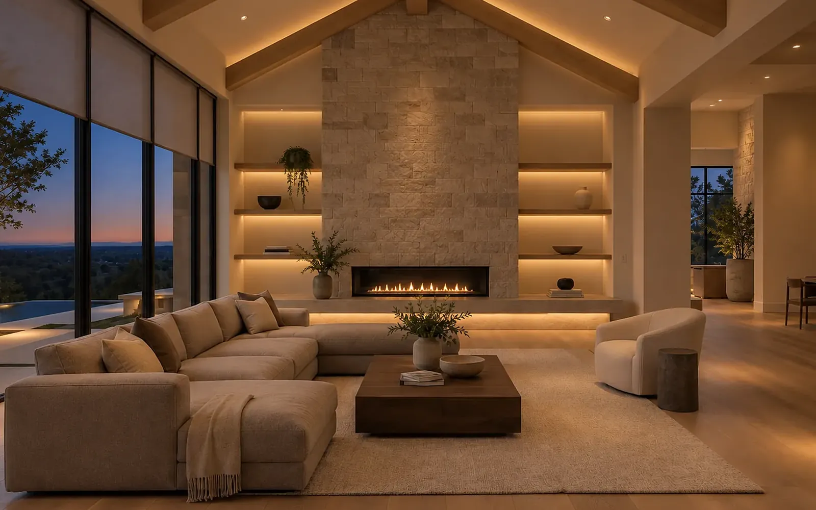 Living room in the evening with warm LED cove lighting at the ceiling and lit shelves below
