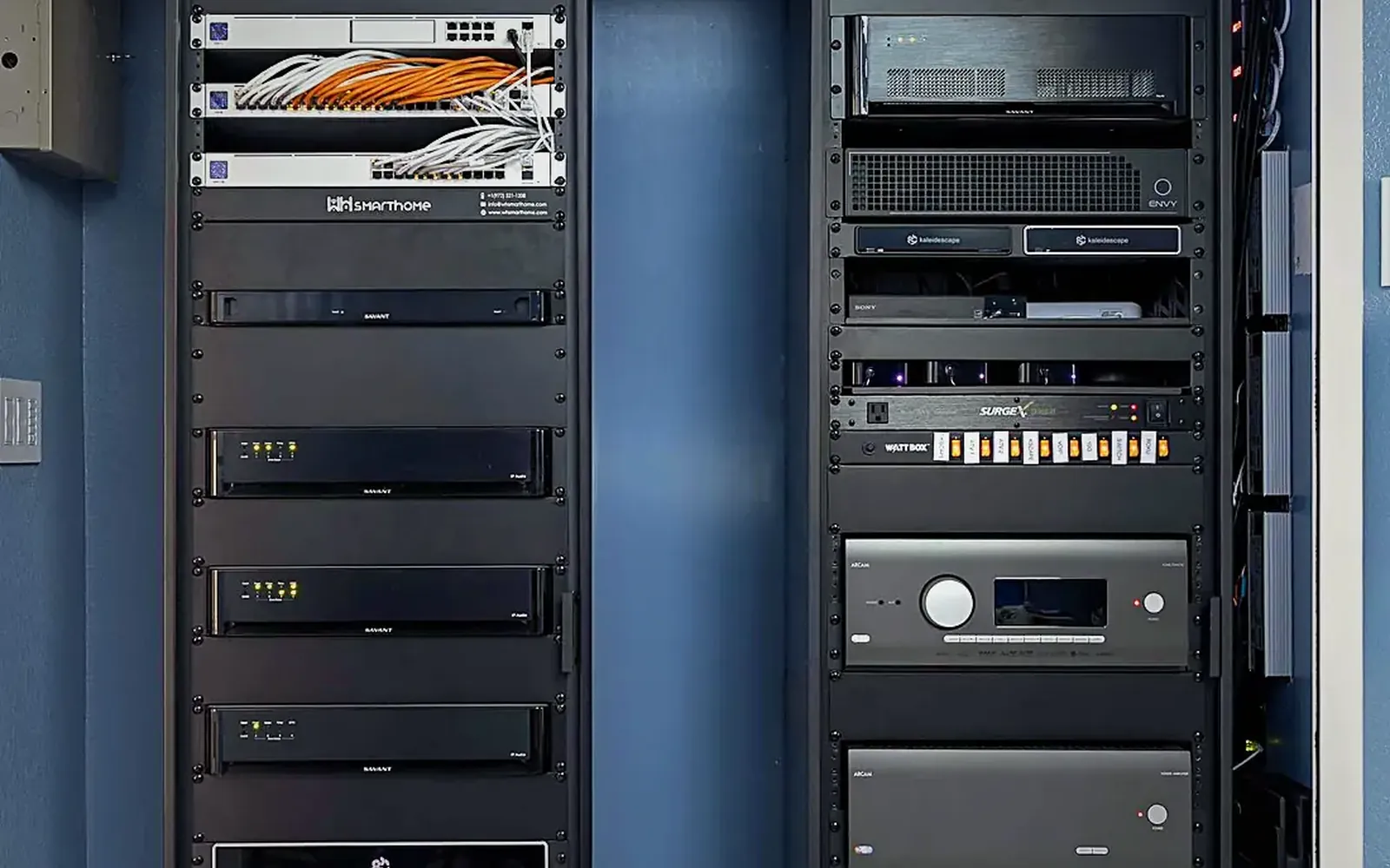 Equipment rack on a WH Technologies installation with a labeled patch panel, network switch, router and control processors, cables dressed neatly to the sides