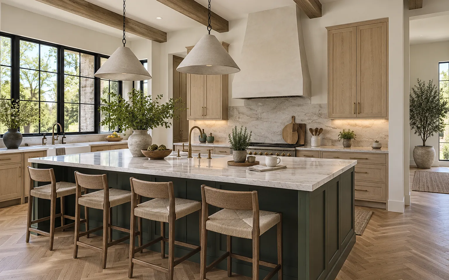 Bright kitchen in the morning with cool neutral light on the island and daylight from the windows