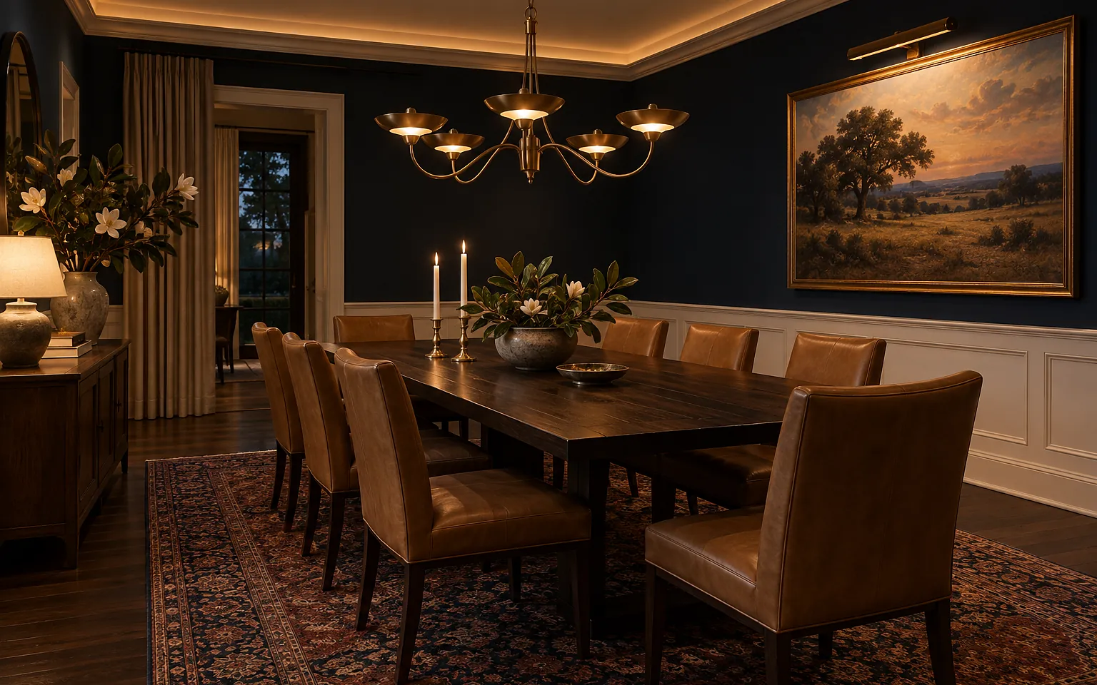 Navy dining room in the evening with layered lighting: a dimmed brass chandelier over the table, a picture light on a Texas landscape painting, a cove glow along the crown moulding and candles on the table