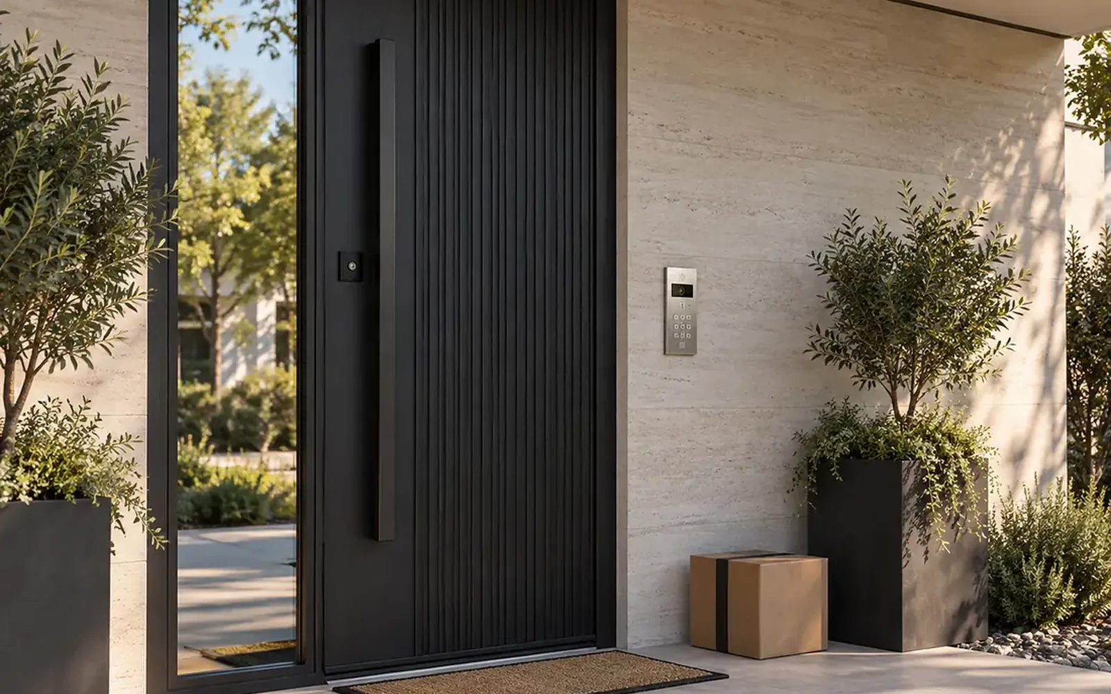Modern wood front door with a video doorbell beside the frame and a keypad smart lock in place of a standard deadbolt