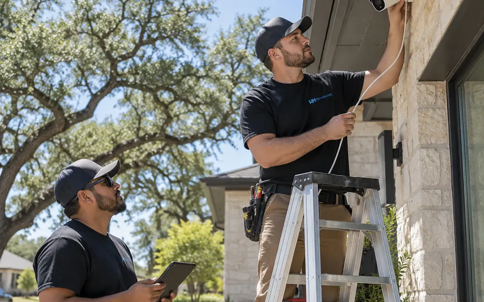 Two WH Technologies technicians on a ladder installing a dome camera under the eave of a brick home, one holding the housing and the other the cable