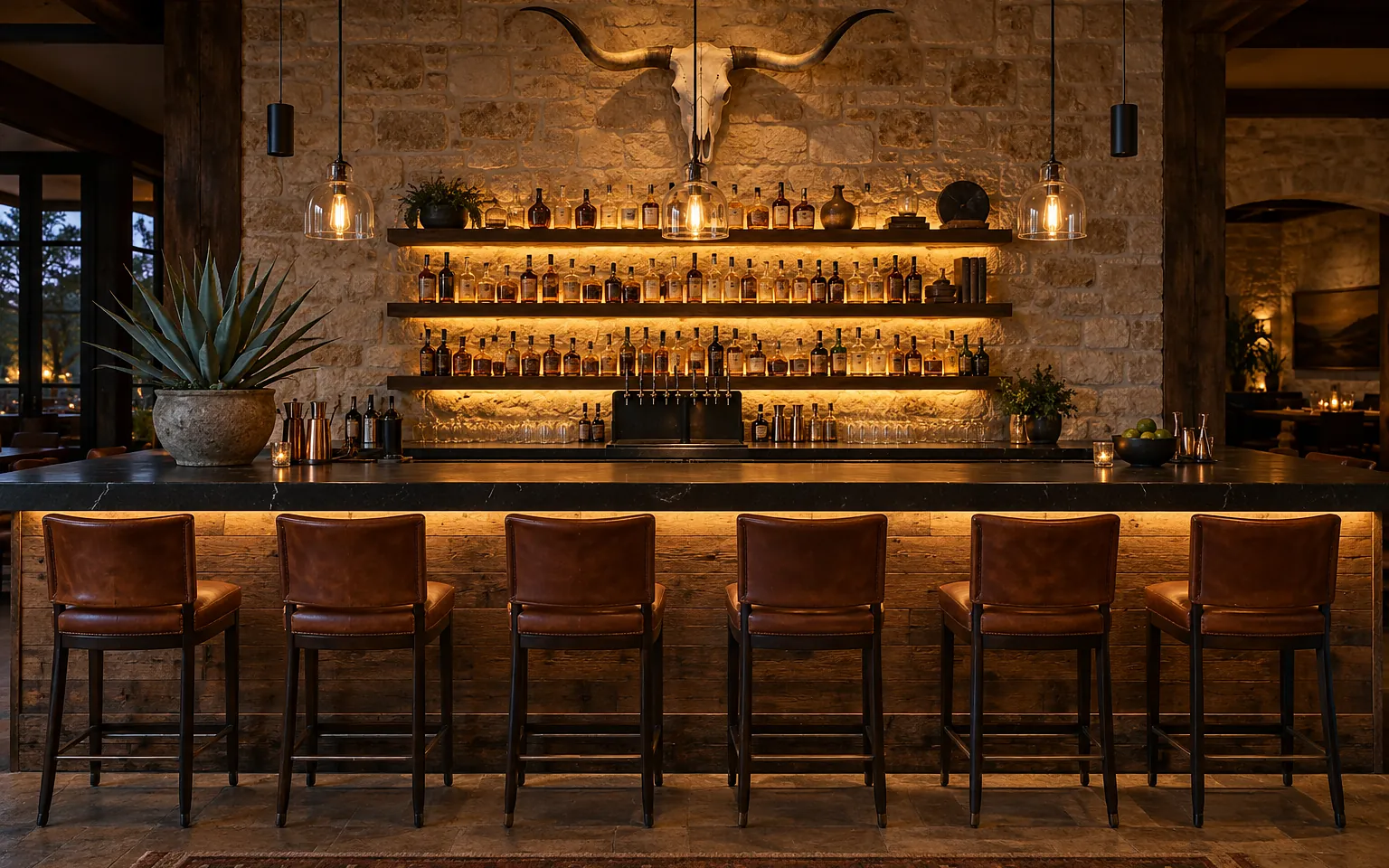 Hill Country style restaurant bar with a limestone backbar, backlit bottle shelves, a longhorn skull, a potted agave and two black pendant speakers hanging above the counter