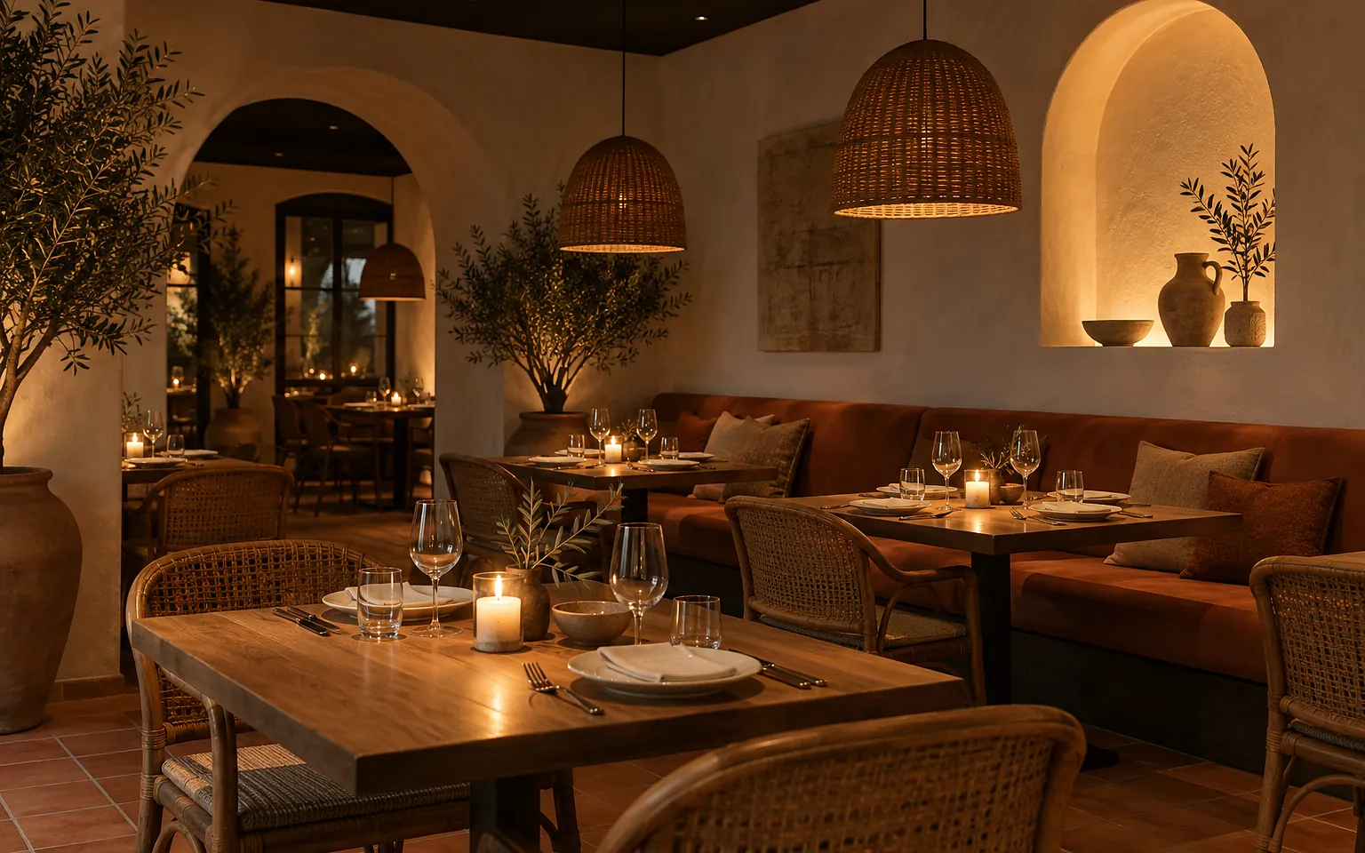 Mediterranean style restaurant dining room in the dinner scene: plaster walls and arches, rattan pendants low over the tables, candles on every table, a terracotta banquette and a warmly lit arched niche