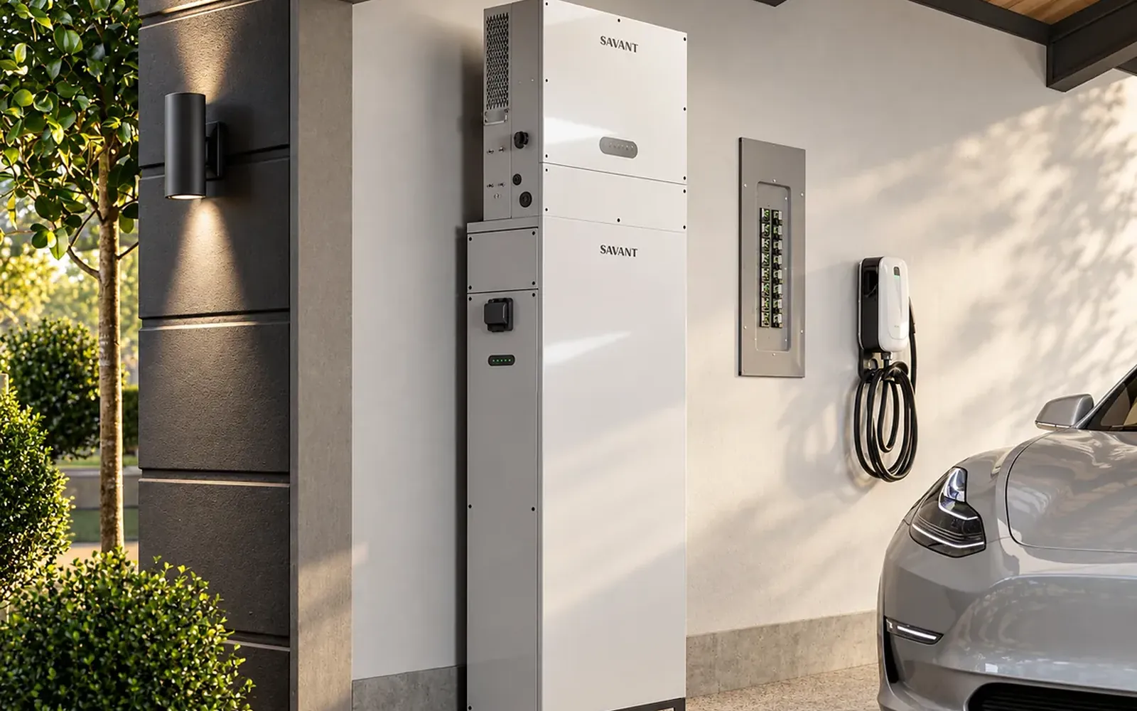 Garage wall with a Savant battery, an electrical panel and an EV charger mounted side by side