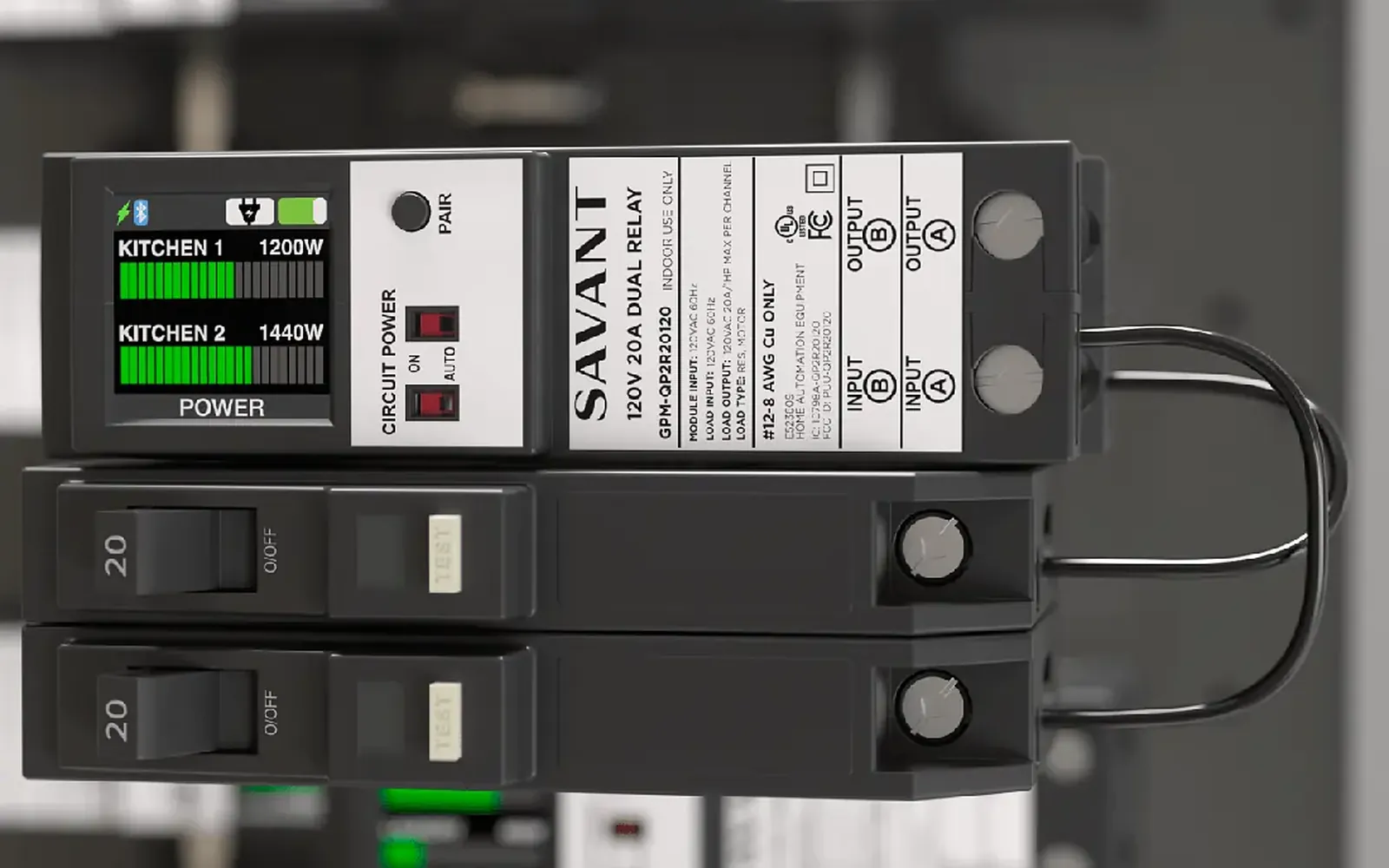 Close-up of Savant power modules and breakers inside an electrical panel