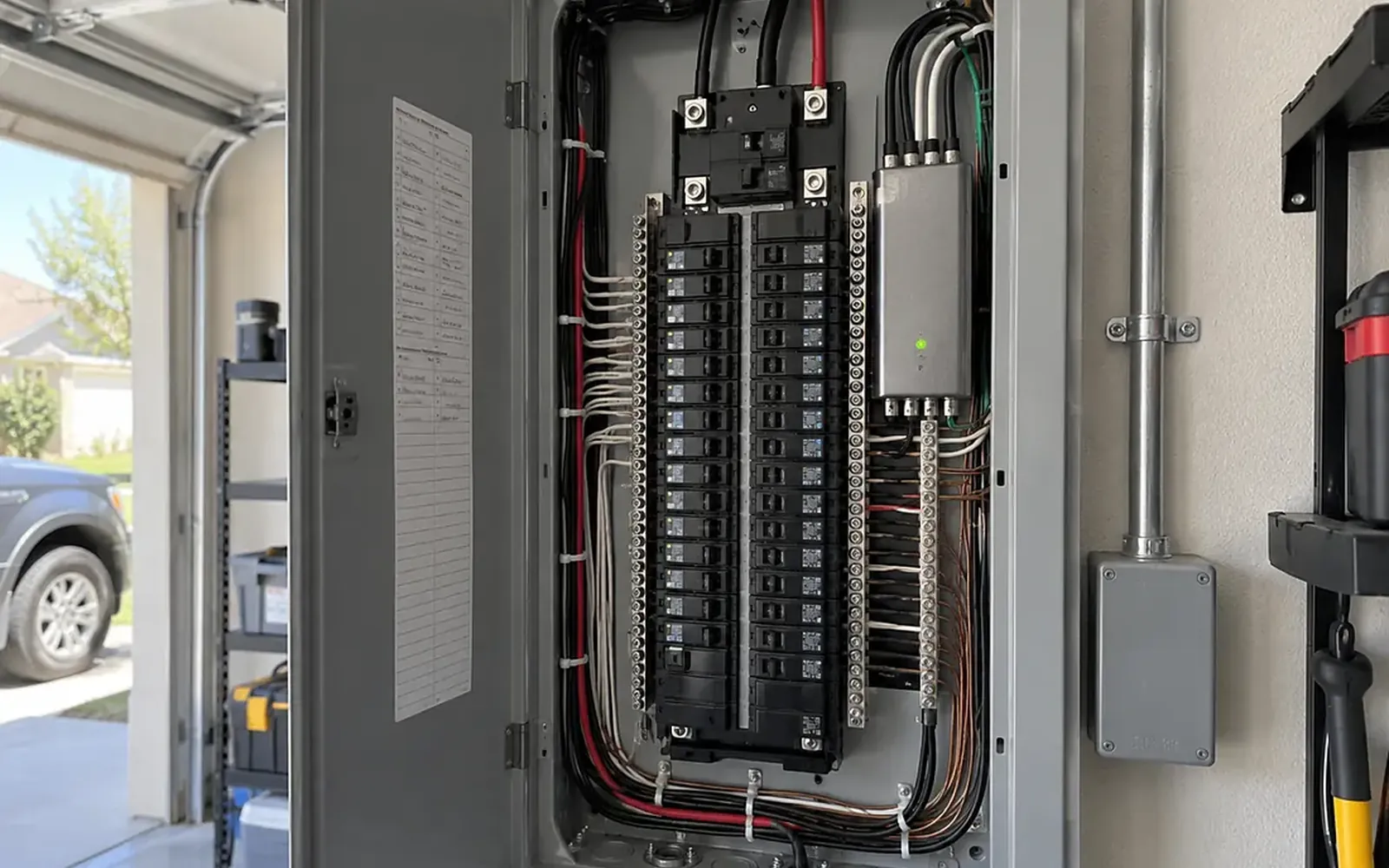Electrical panel in a garage with every breaker clearly labeled