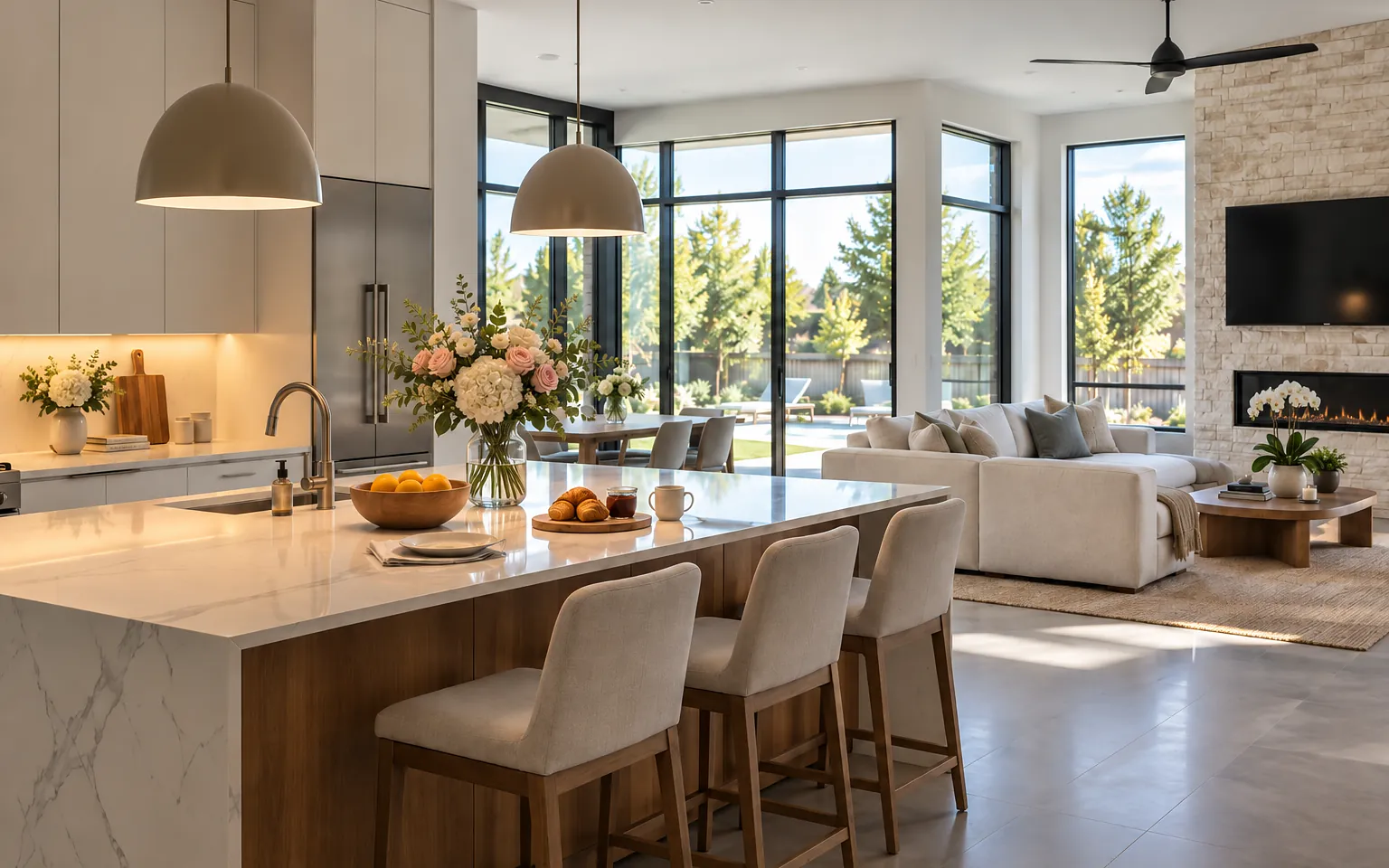 Open kitchen and living area at breakfast time with layered lighting on and the shades raised