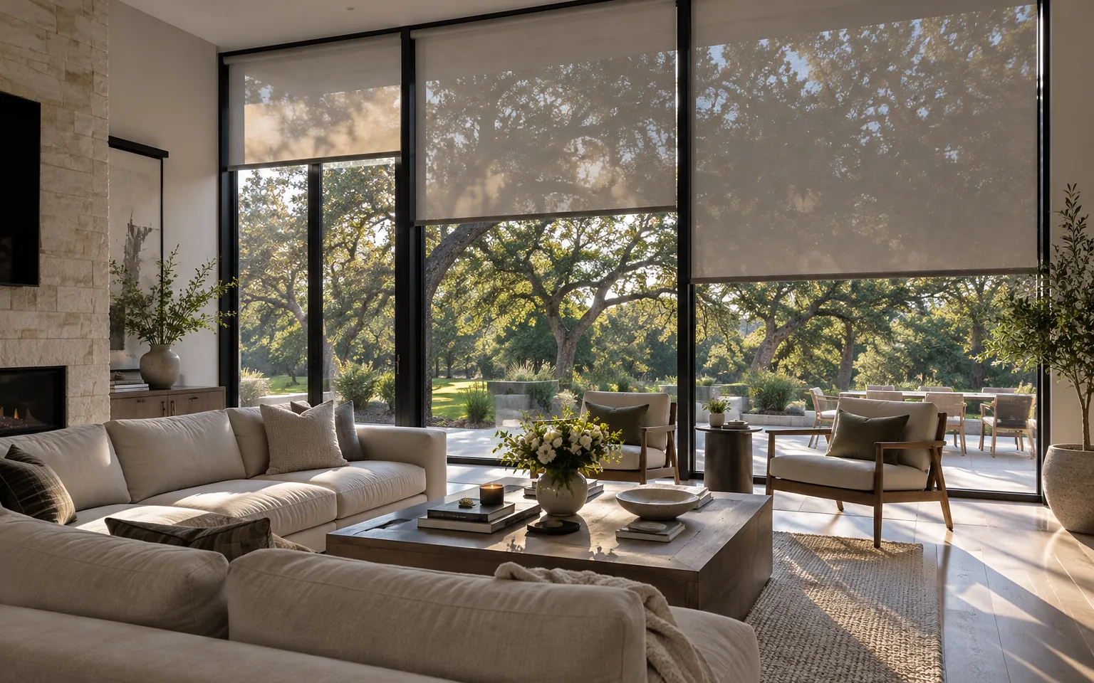 Living room with floor-to-ceiling windows and roller shades lowered to different heights against the afternoon sun