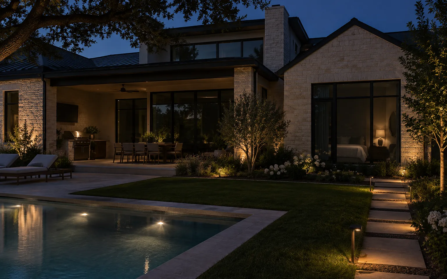 Modern home exterior at night with the interior lights dimming down as the house settles for the evening