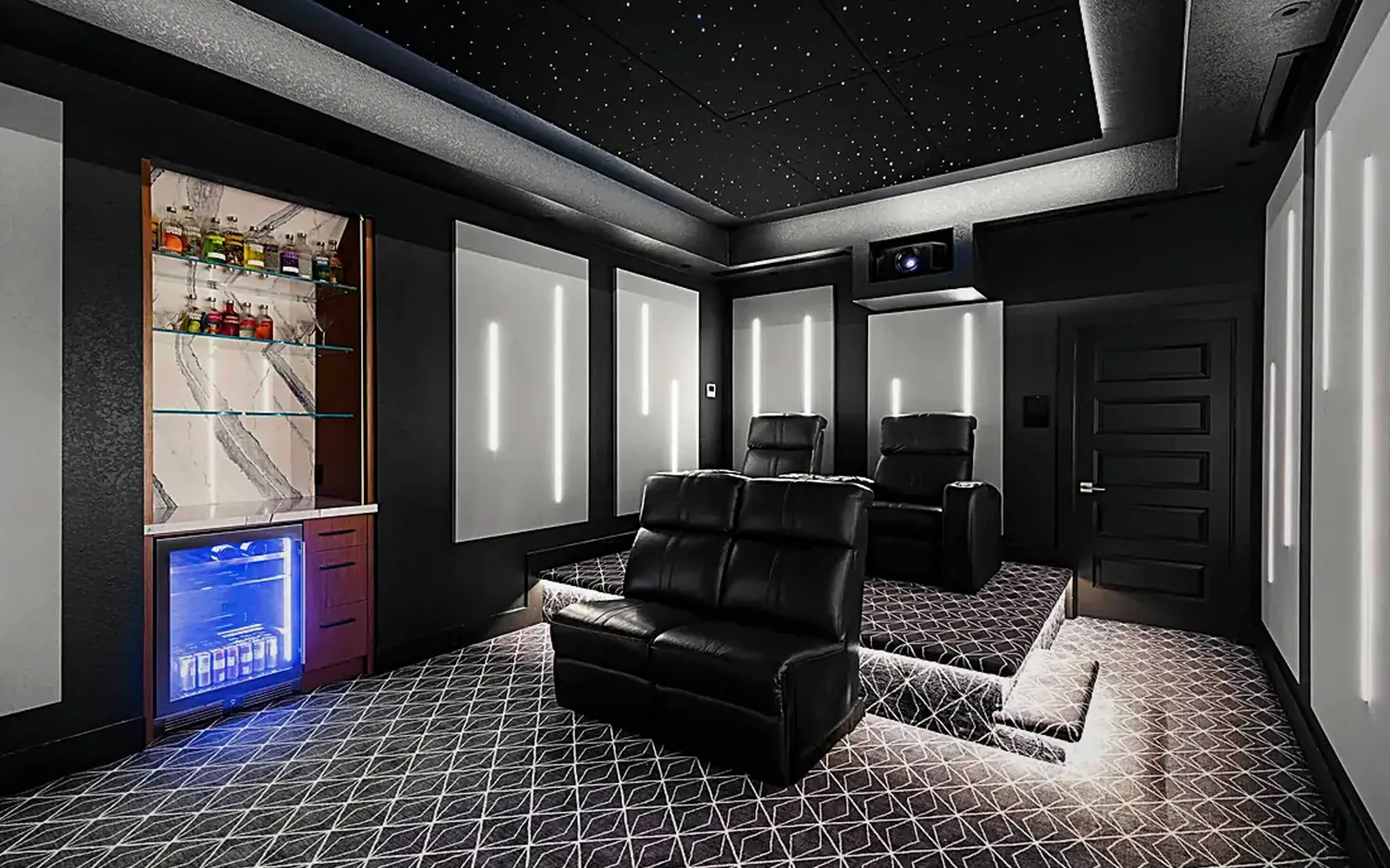 WH Technologies home theater with a fiber-optic star ceiling, blue accent lighting and three leather recliners