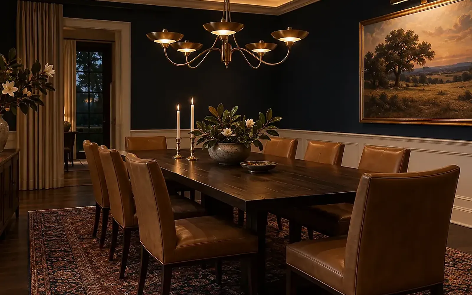 Dining room with dark walls, a chandelier dimmed low and cove lighting set to a warm evening scene