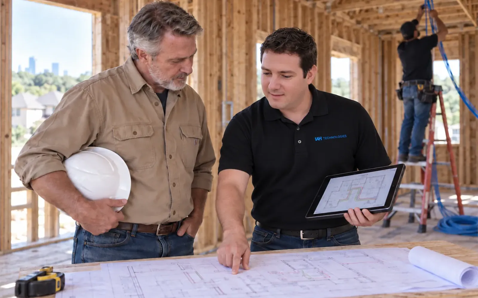 A builder and a WH Technologies designer reviewing drawings together inside a house at the framing stage