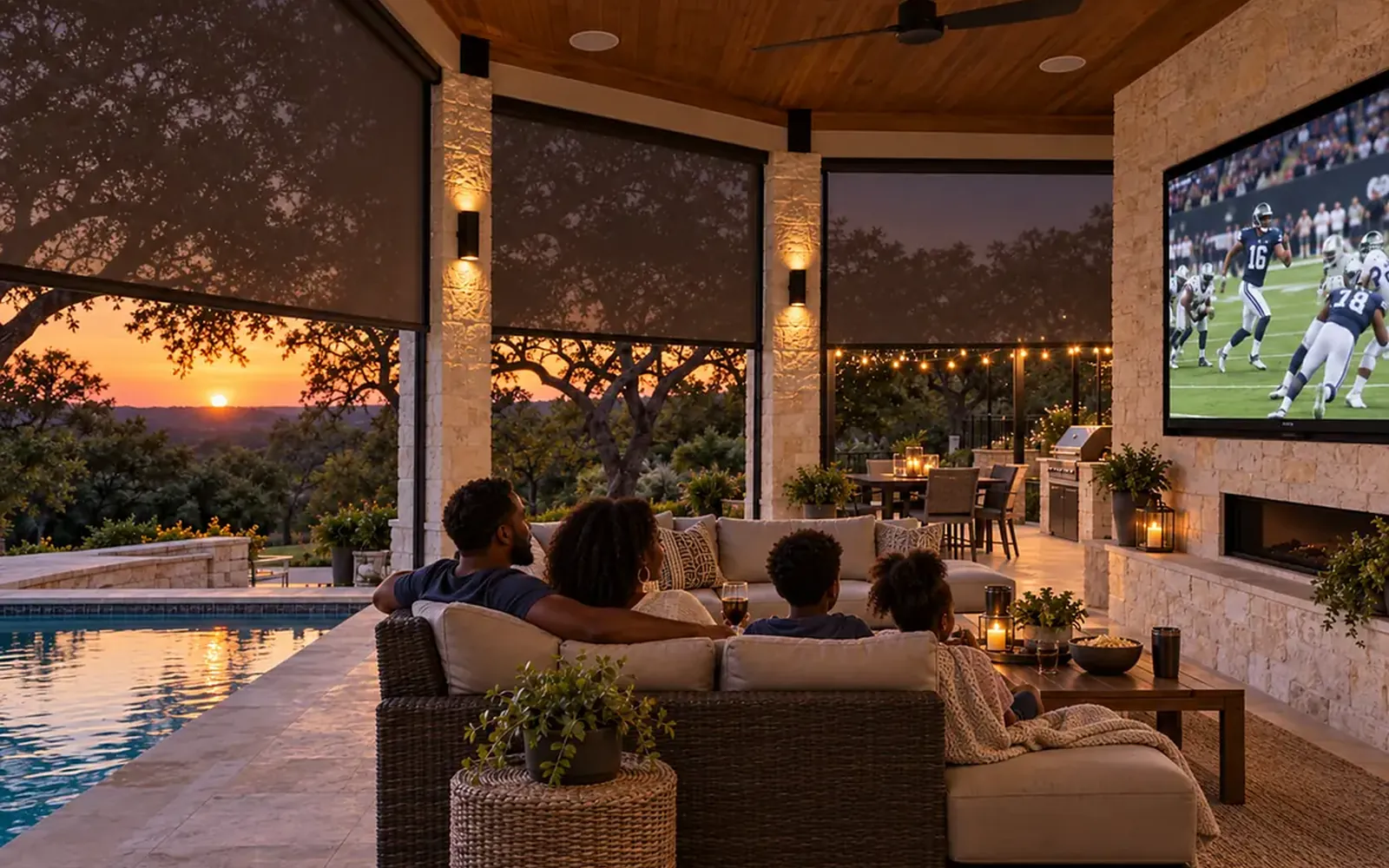 Family on a covered patio at dusk watching a football game on a wall-mounted outdoor TV, with the yard darkening behind them