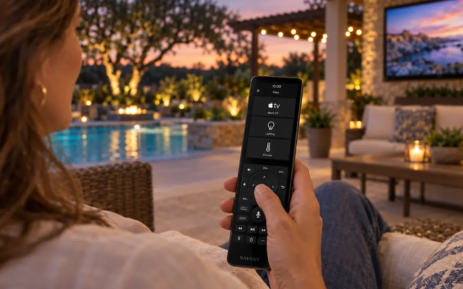 Woman standing beside a pool at dusk holding a Savant handheld remote, the patio screen and lighting visible behind her