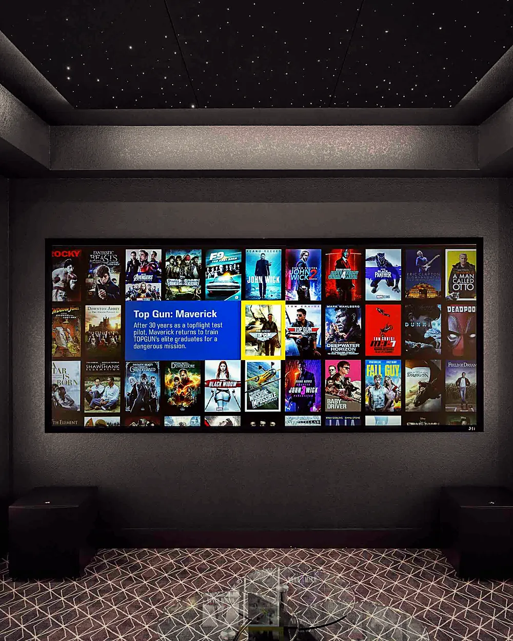 Finished home theater with a star ceiling, installed by WH Technologies
