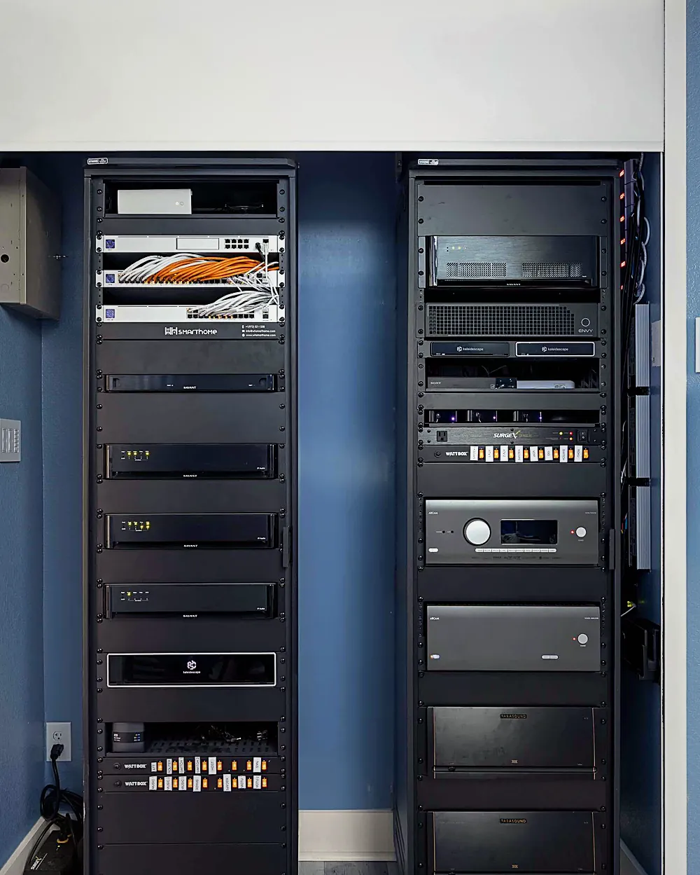 Labelled equipment rack installed and dressed by WH Technologies