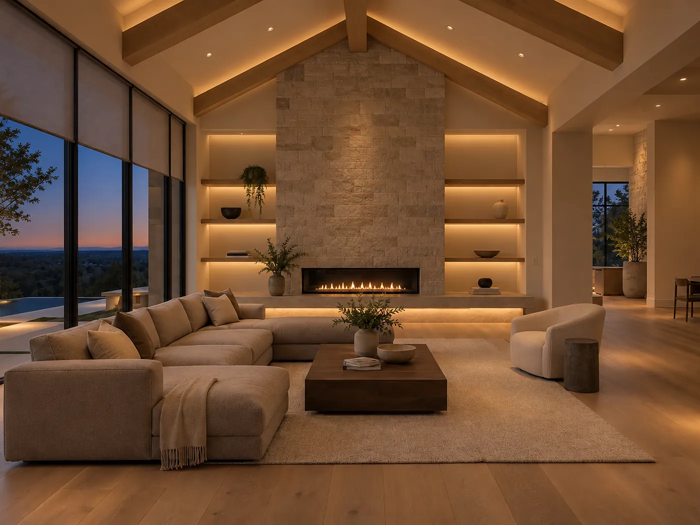 The same living room at dusk with the shades lowered and a warm evening lighting scene on: cove light under the beams, lit shelves, fireplace bench and dimmed downlights