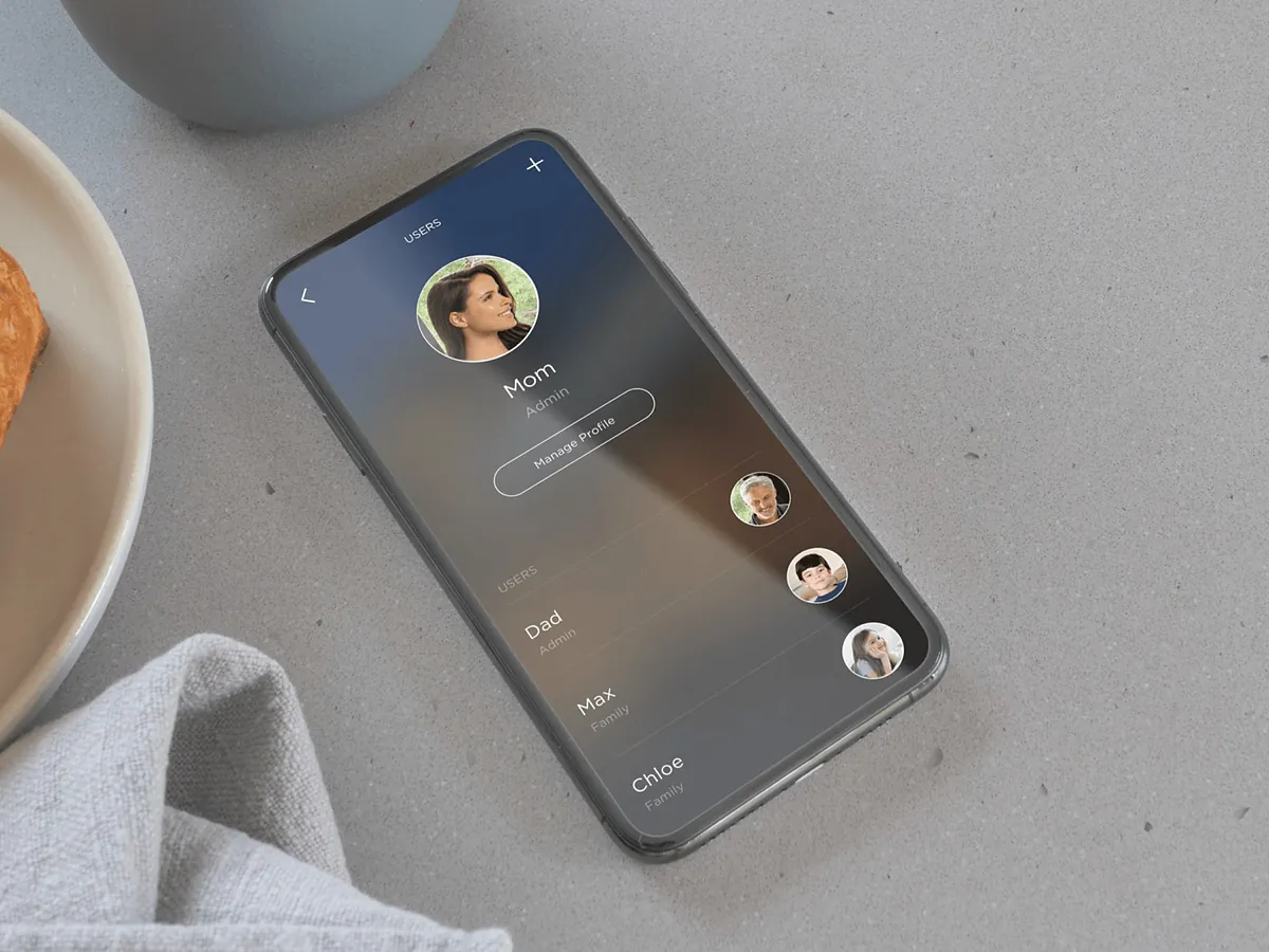Savant app on a phone in a living room