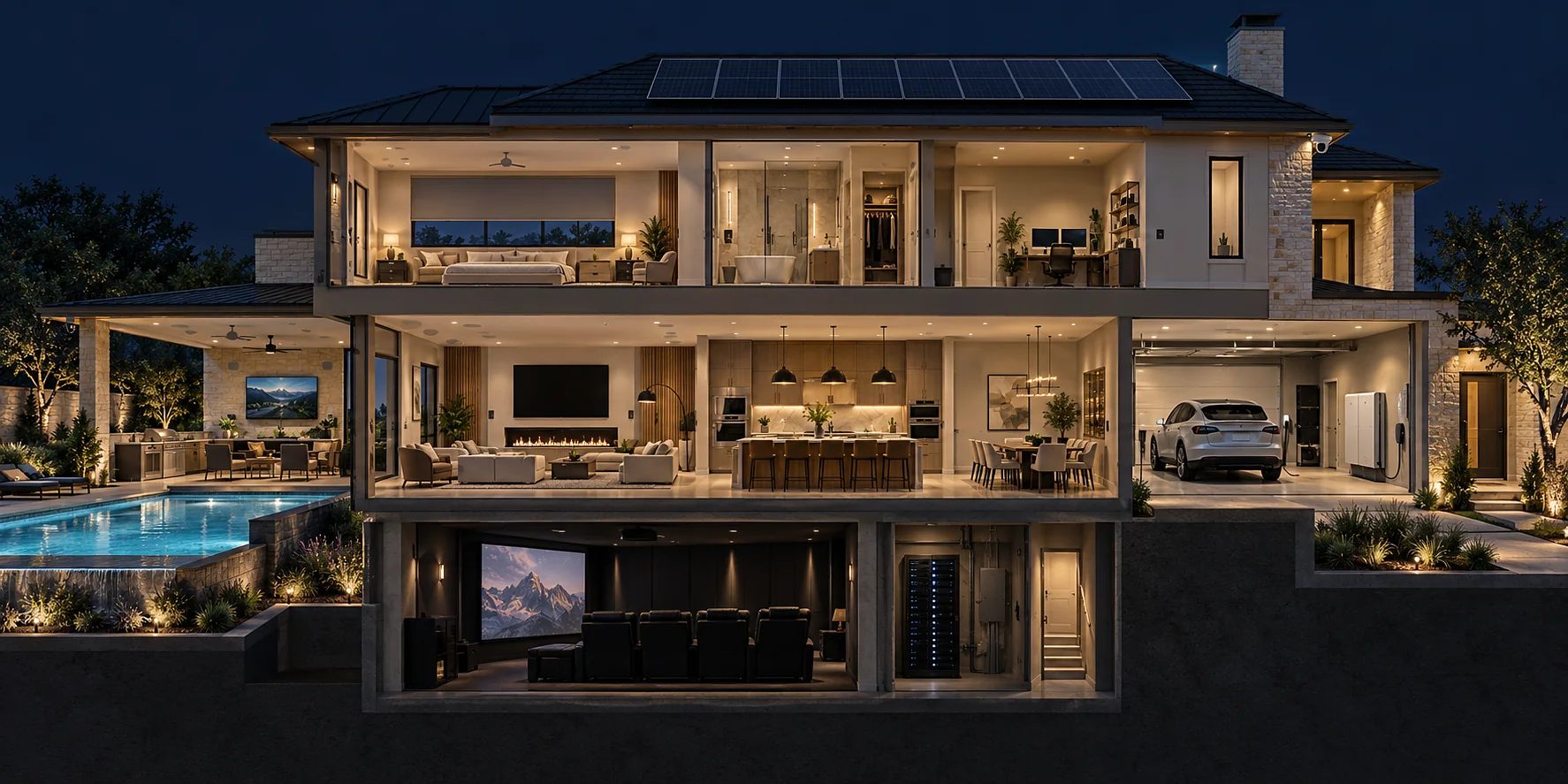 Cutaway of a two-story Texas home at night showing the kitchen lighting, living room, theater, equipment rack, garage with an EV charger and battery, patio and pool