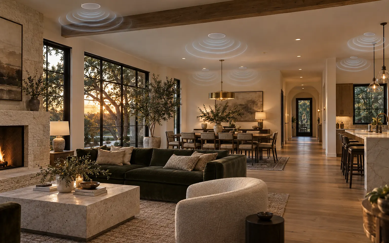 Open-plan Texas living room, dining area and kitchen at sunset with in-ceiling speakers and soft sound waves showing where the music comes from