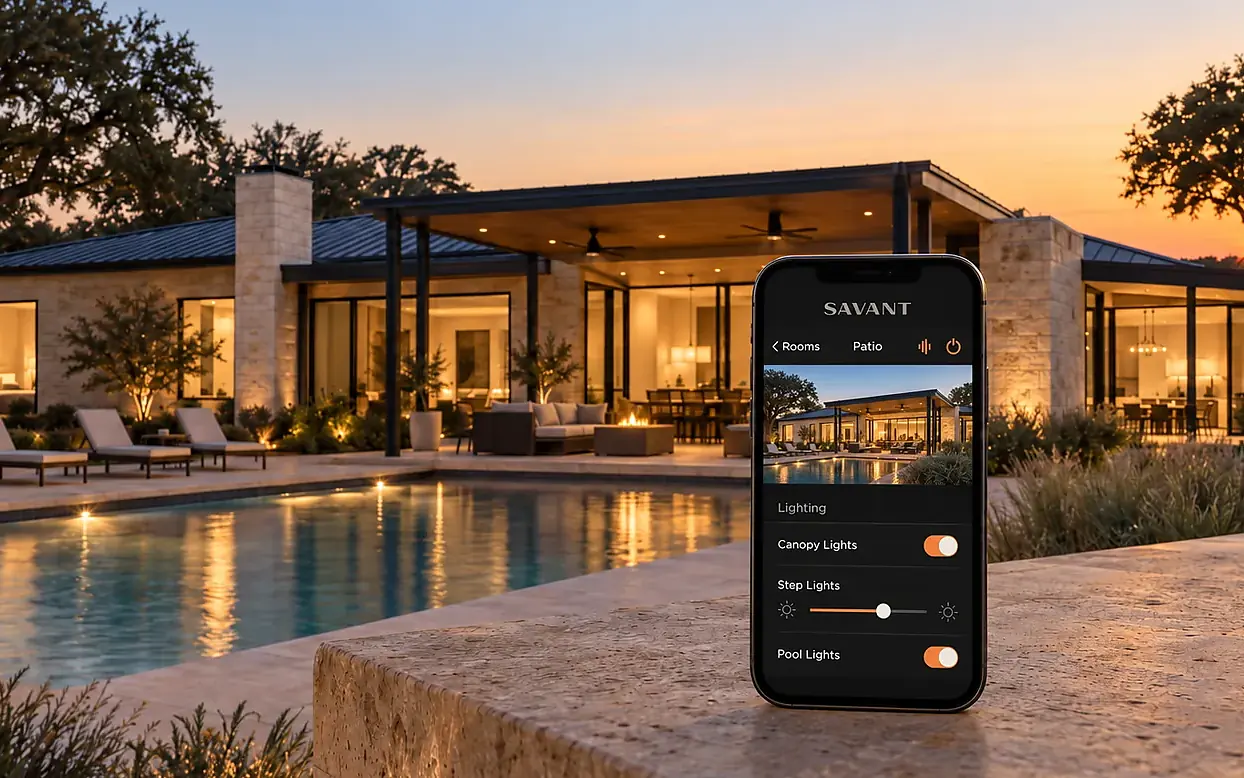 Savant app on a phone controlling the patio and pool lighting of a limestone modern home in Texas at dusk