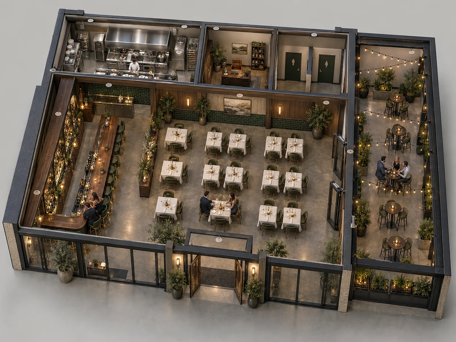 Cutaway view of a restaurant from above showing the bar, dining room, patio, kitchen, office and restrooms, each with its own in-ceiling speakers