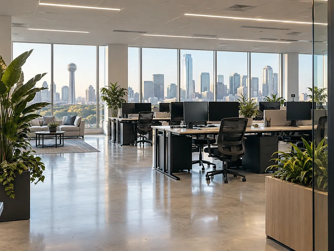 The same open-plan office lit cool and bright in the morning and warm and dim in the evening