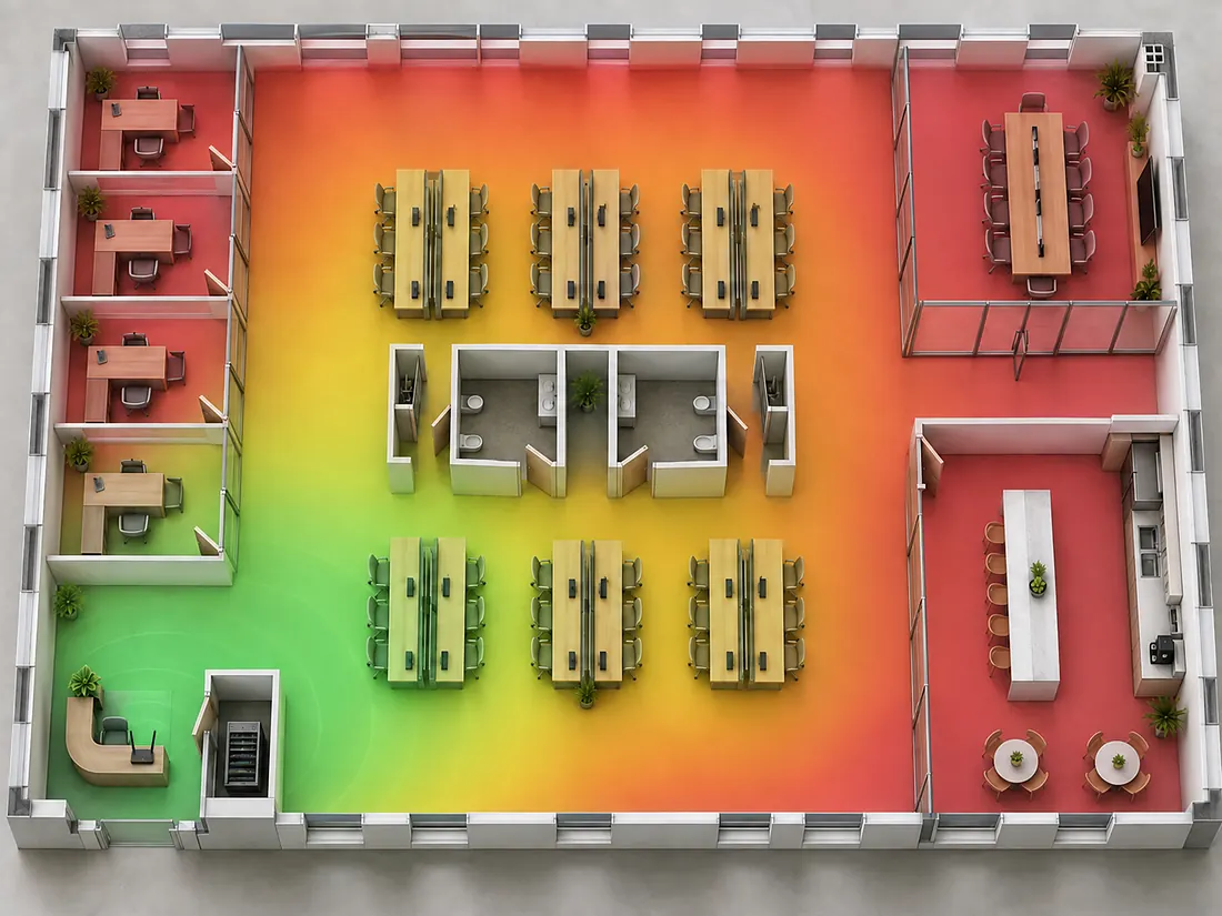 Wi-Fi coverage heatmap of the same office floor with one consumer router at reception and with four enterprise ceiling access points