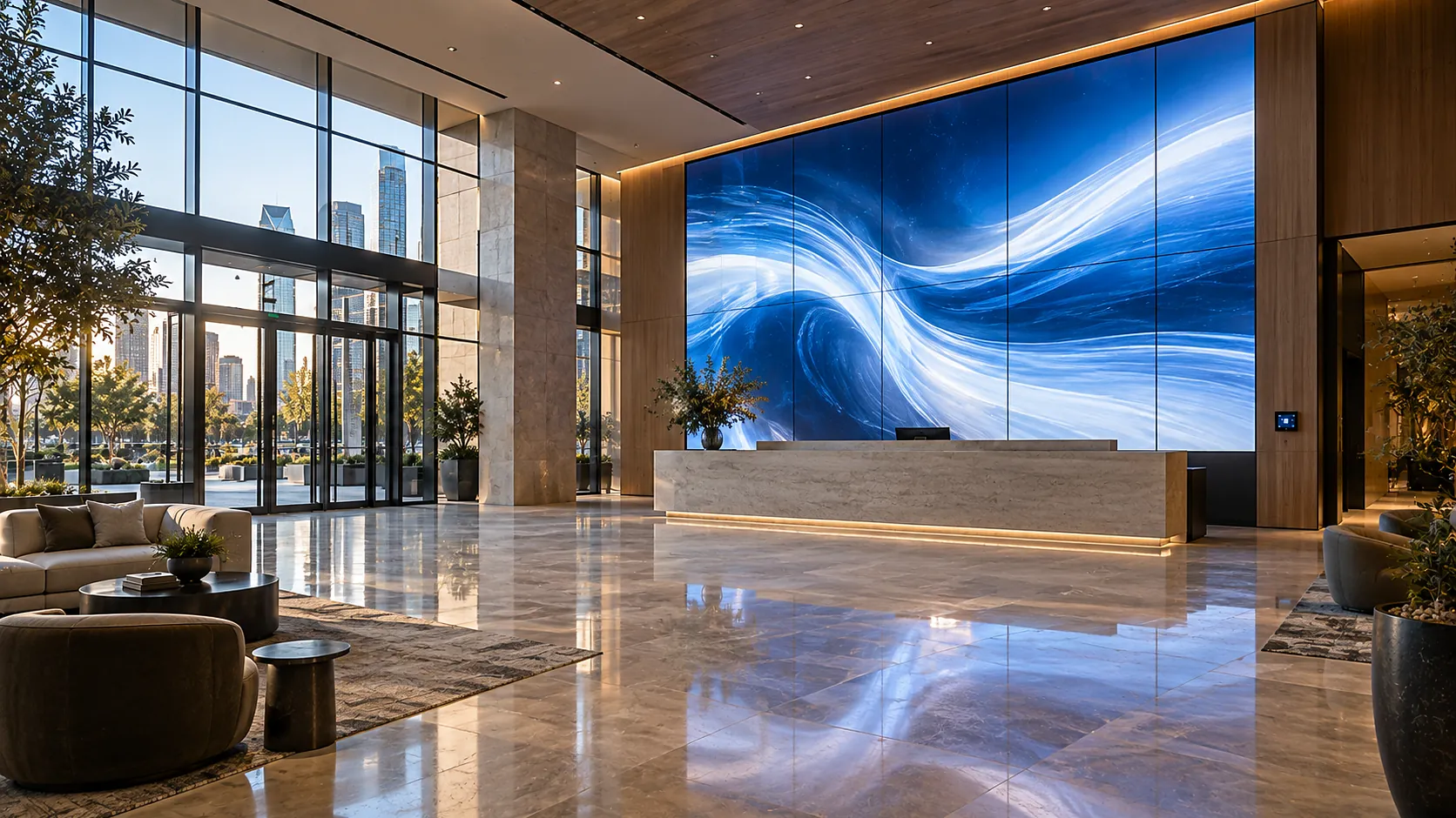 Corporate lobby in Dallas with a floor-to-ceiling LED video wall behind the reception desk