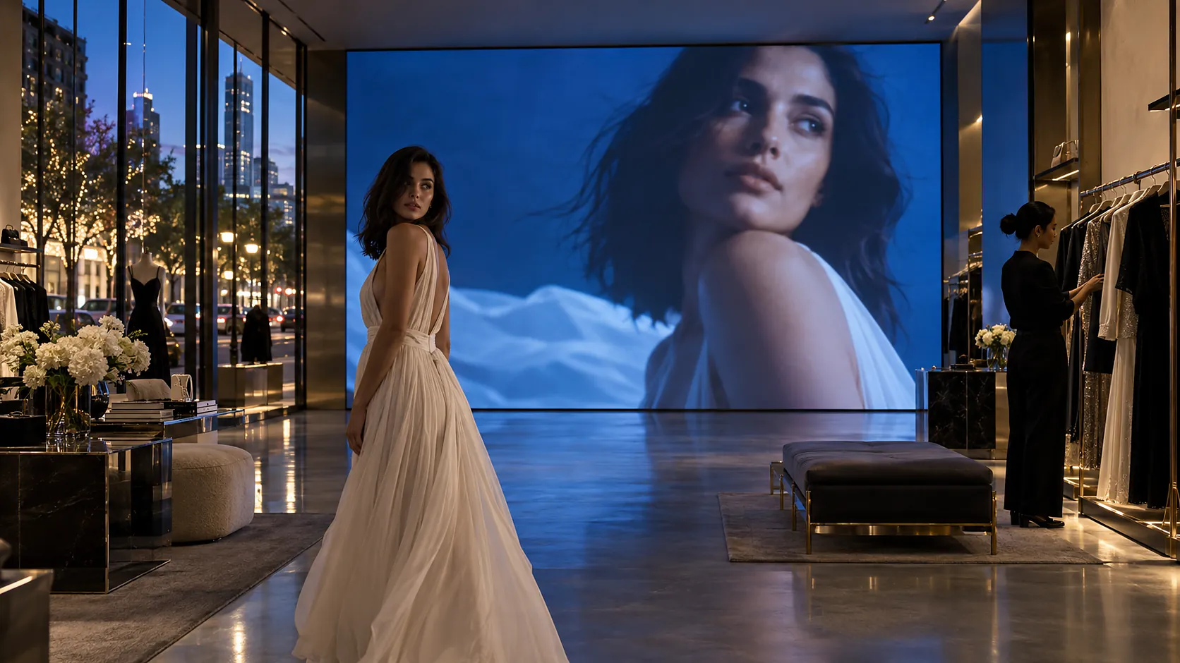 Model in a white dress inside a boutique looking at a floor-to-ceiling LED wall showing her own campaign