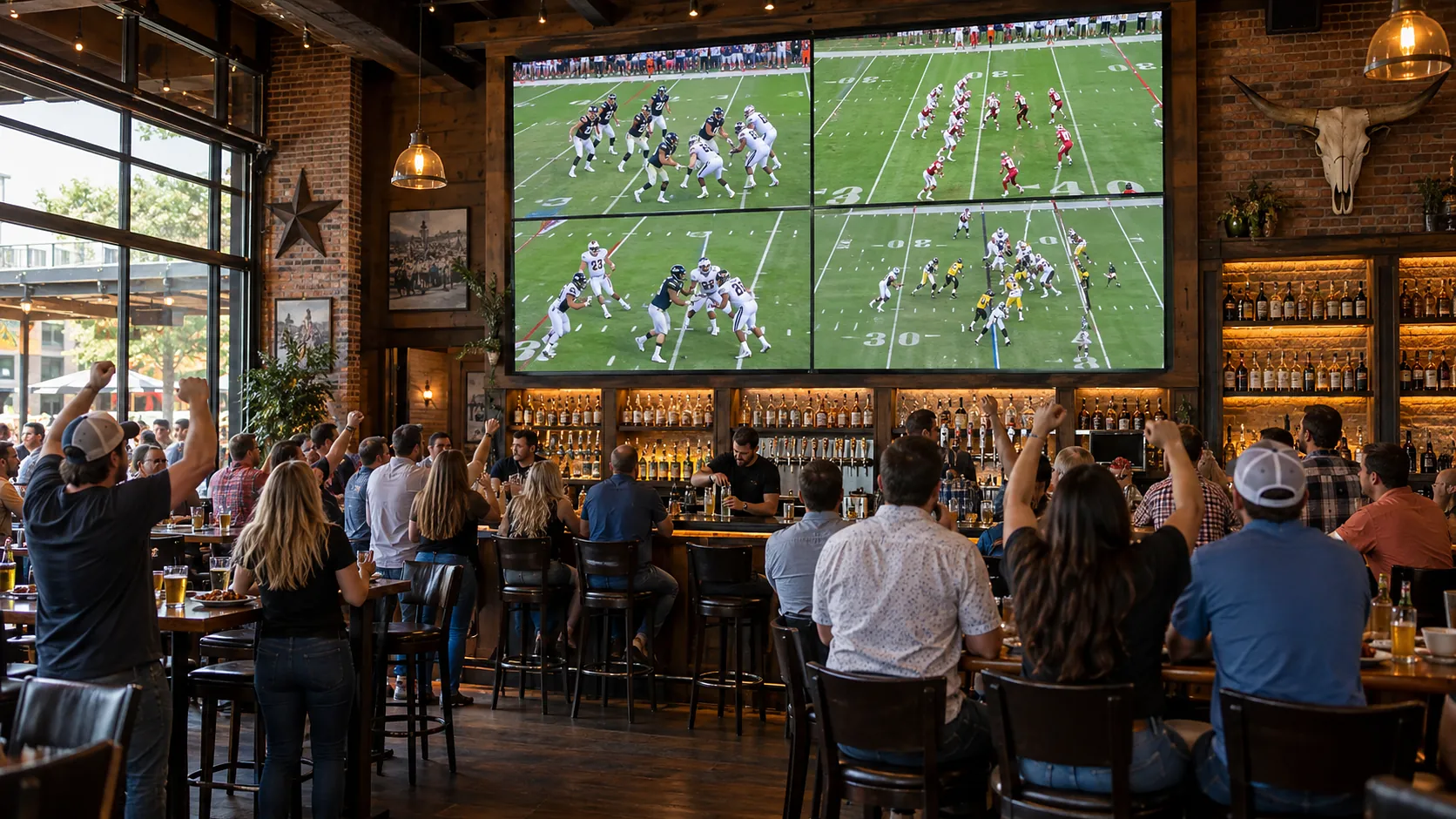 Sports bar with a wide LED wall showing four games and guests cheering along the bar