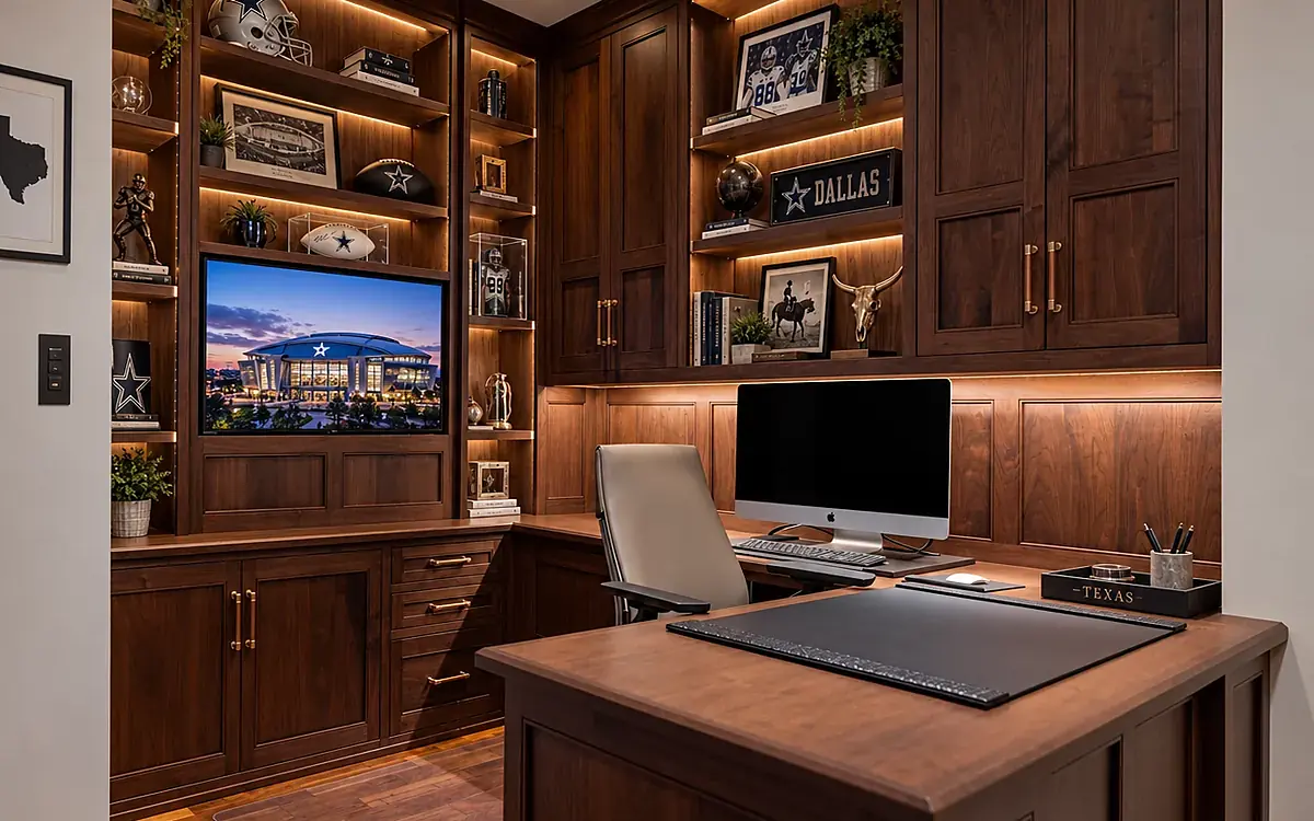 Walnut-panelled home office with a desk, a television wall and a hardwired network behind the millwork