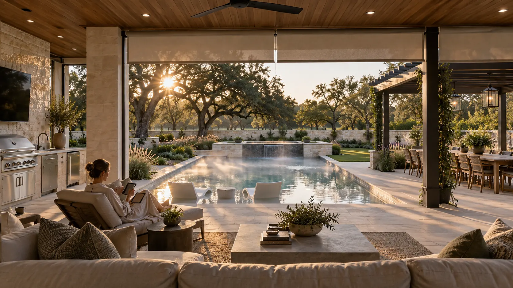 Covered patio and pool of a Texas home at sunrise, a woman with coffee on the sofa, mist over the water and live oaks behind