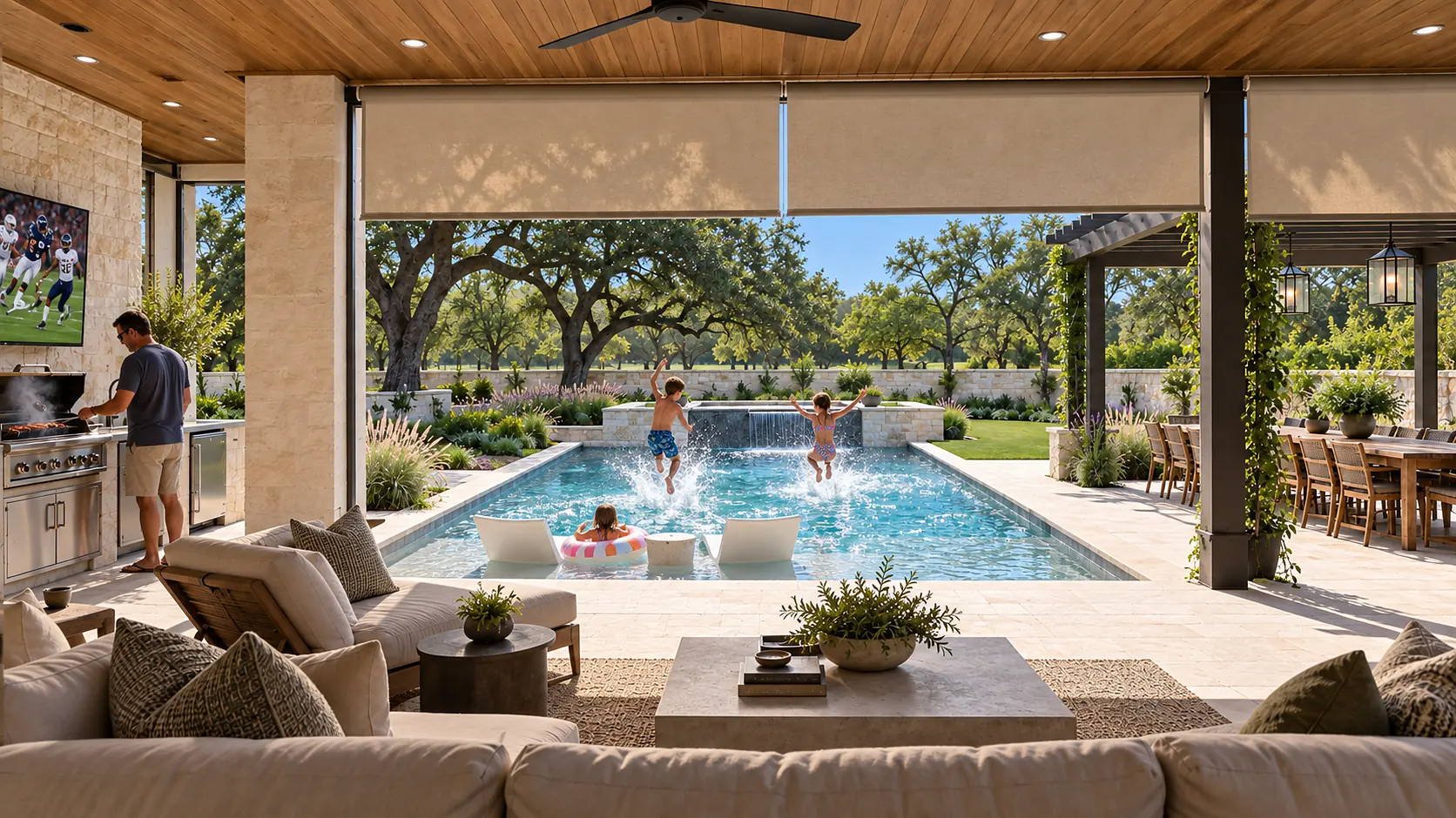 The same patio on a bright afternoon, shades lowered, the game on the outdoor TV, children jumping into the pool and a father at the grill