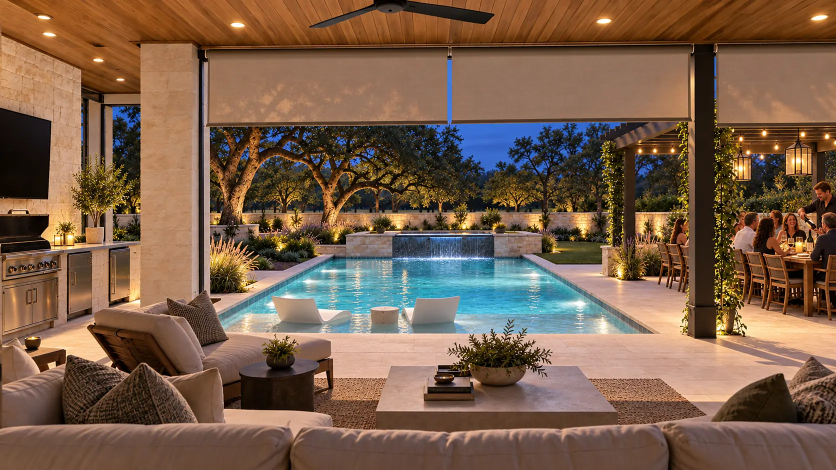 The same patio at blue hour with landscape lighting on the oaks, string lights over the table and ten guests at dinner
