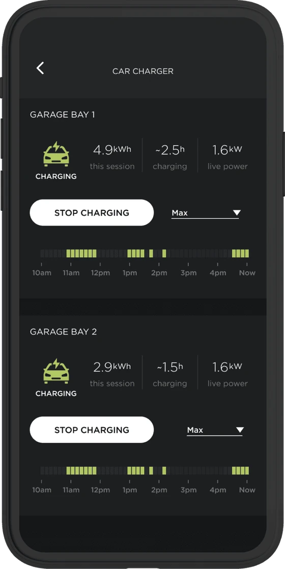 Savant Power app car charger screen showing two garage bays charging with energy per session and live power