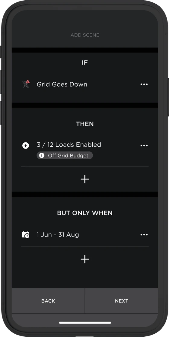 Savant Power app scene editor: if the grid goes down, enable an off-grid budget of selected loads, only between June and August