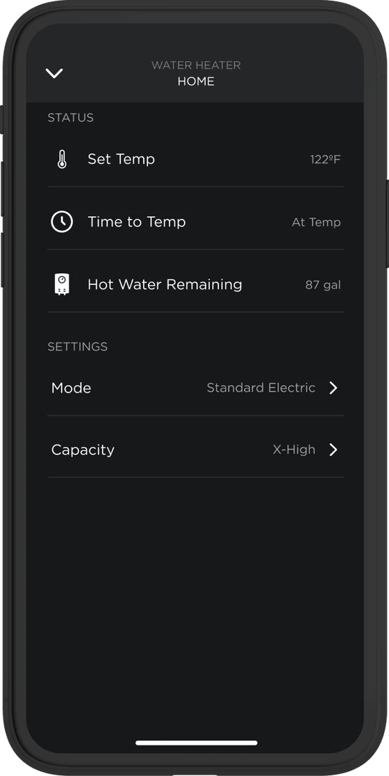 Savant Power app water heater screen showing set temperature, time to temperature, hot water remaining and mode