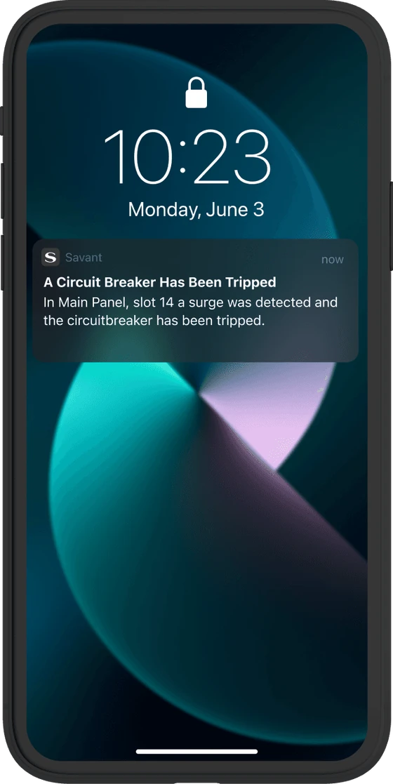 Phone lock screen with a Savant notification: a circuit breaker has been tripped, a surge was detected in the main panel
