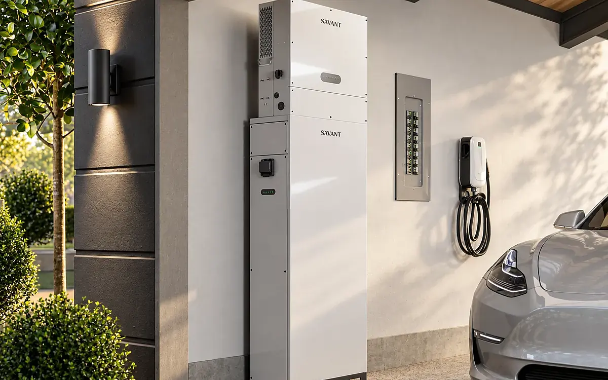 Garage of a Texas home with a Savant power storage battery on the wall and an electric car plugged into a Level 2 charger