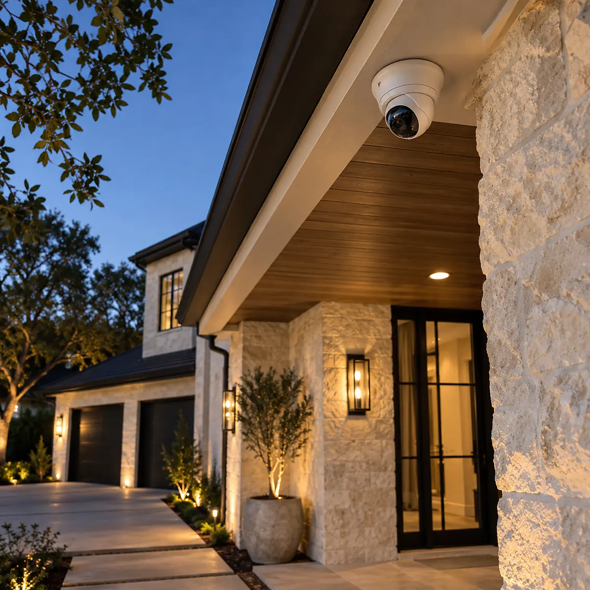 Exterior security camera under the eave of a Texas home at dusk, watching the driveway and front entry