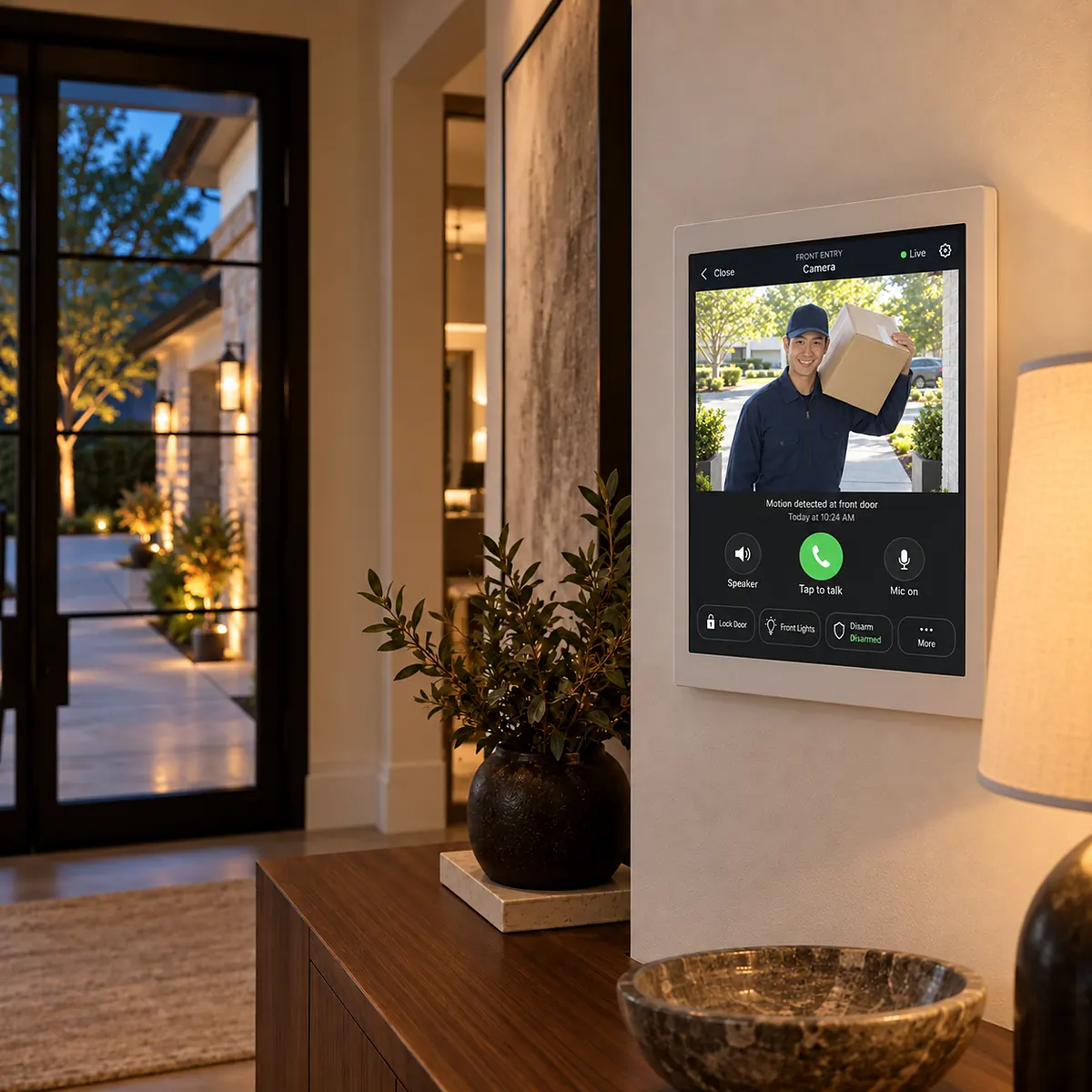 In-wall touch panel in the entry hall showing the live front entry camera view with a delivery at the door