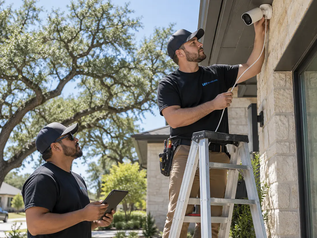 WH Technologies technician installing a security camera under the eave of a home