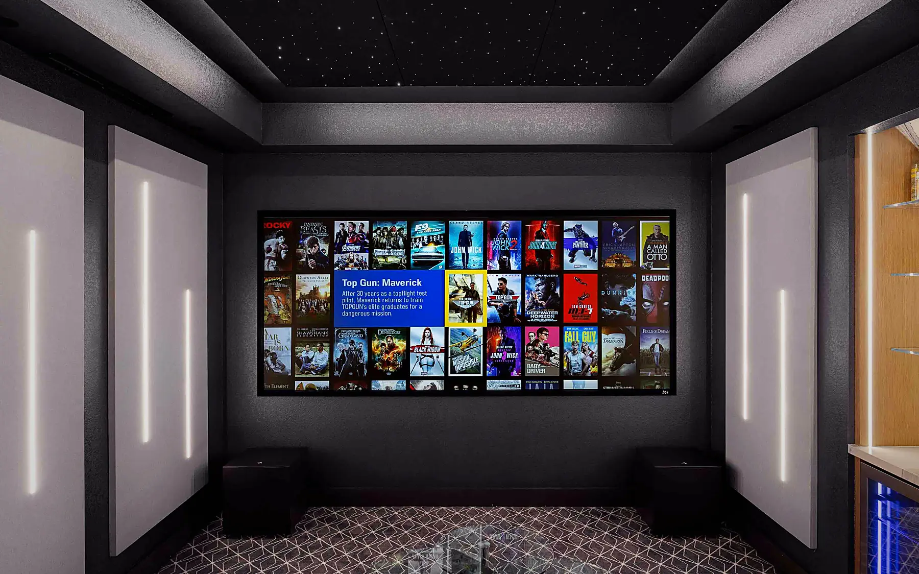 Dedicated home theater with a fiber-optic star ceiling, LED-lit acoustic panels, a backlit bar and the movie library on the screen