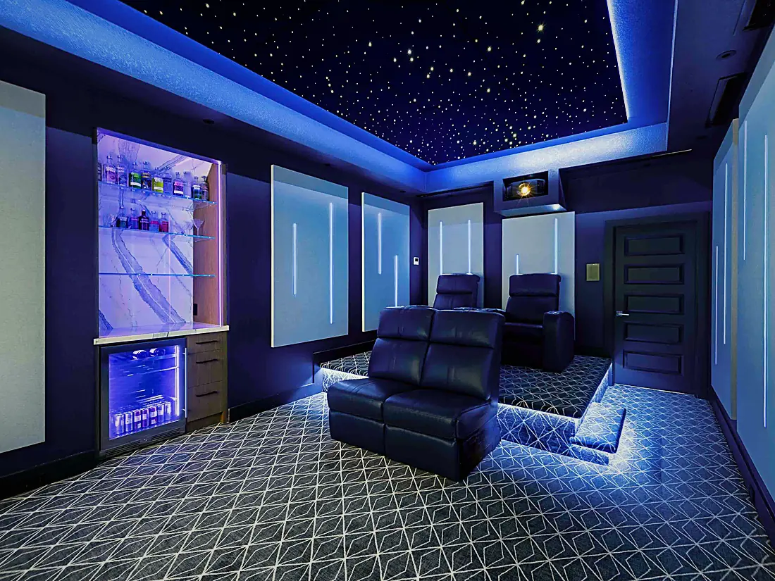 Acoustic treatment, seating and theater lighting